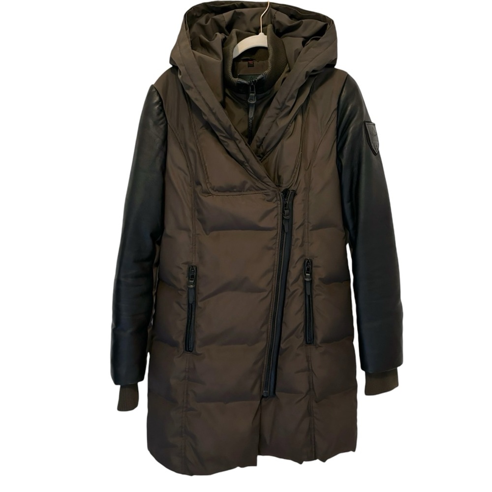 Womens Hooded Puffer Coat with Faux Leather Sleeves - Olive